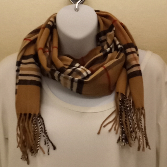 Camel Plaid Pashmina Cashmere Feel Scarf - Picture 11 of 15